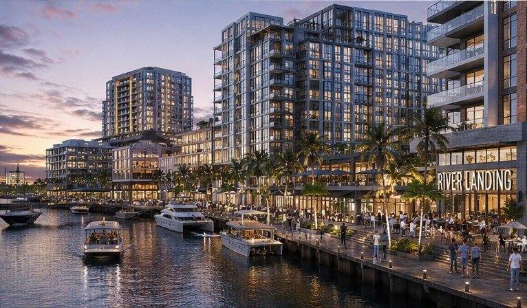 Conceptual rendering of a waterfront district at dusk
